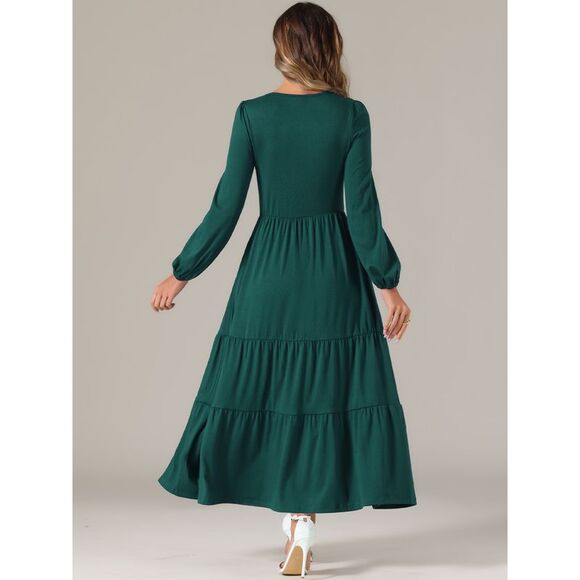 Tiered A-Line Crewneck Long Sleeve Midi Casual Dress with Pockets Dark Green - Picture 3 of 6